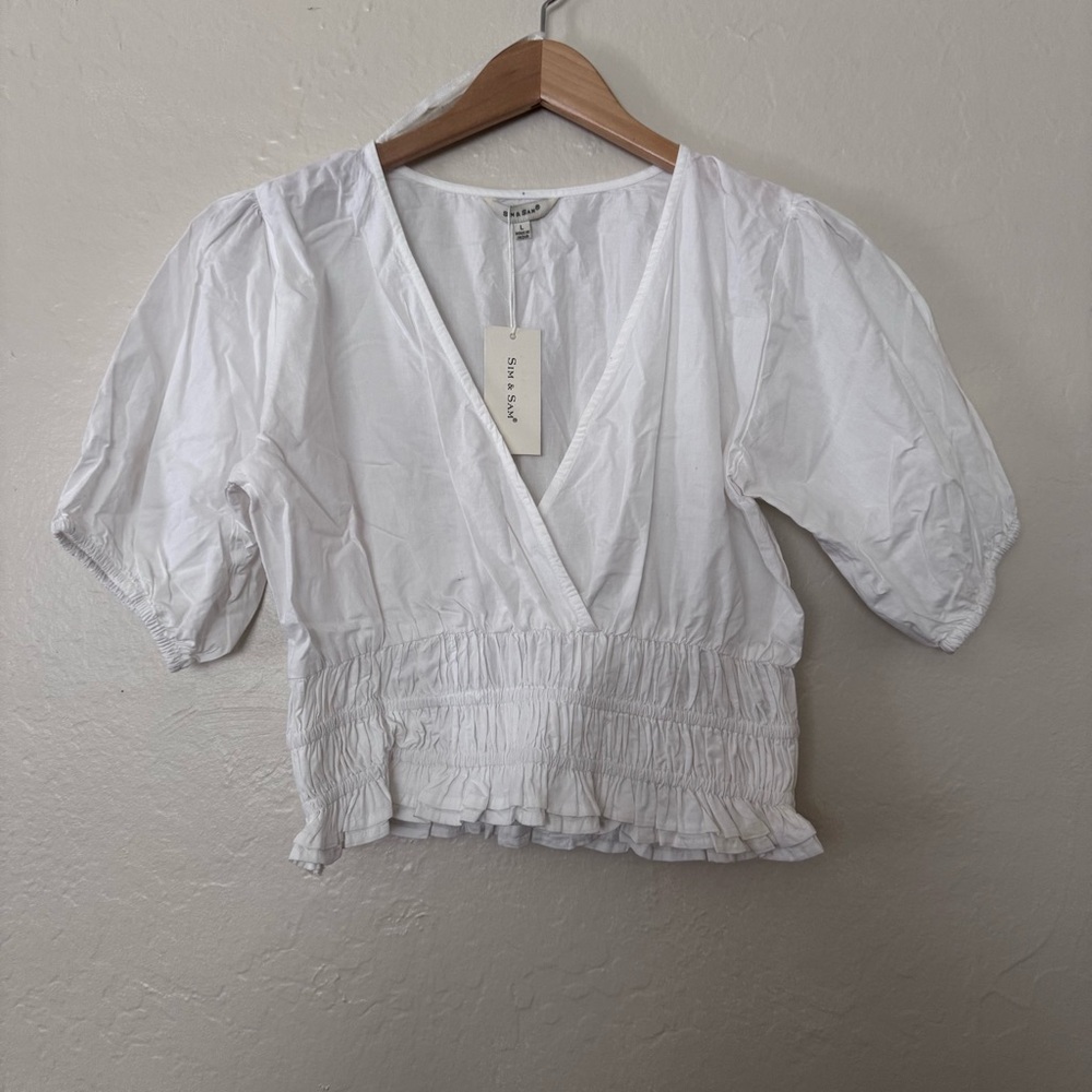 White Puff Sleeve Womens V-Neck Smocked Waist Top Size  L NWT